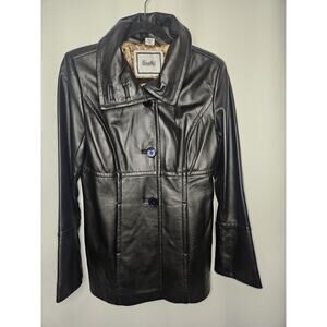 Vintage Excelled Womens Black Leather Jacket XS Midi 3 Button Collared